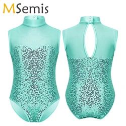 Ginnastica Body per le Ragazze di Balletto Tutu Luccicanti Paillettes Senza Maniche Mock Neck Tulle Splice Buco Della Serratura Posteriore Balletto di Danza Tuta