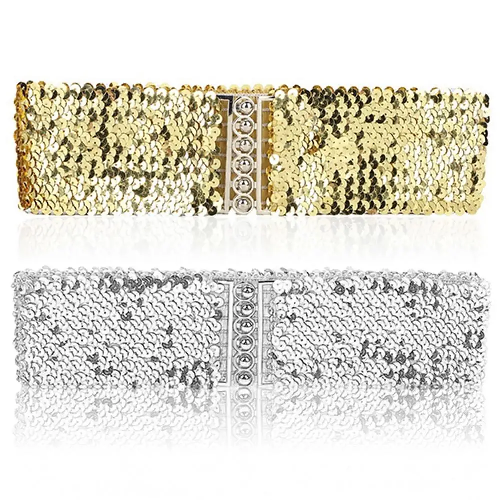 Gold Silver Color Belt Cool Punk Sparkling Sequins Elastic Stretch Wide Waistband Women Dress Waist Belt Jewelry Accessories