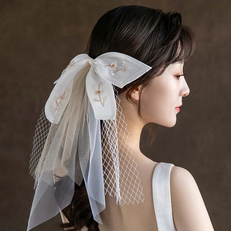 White Ribbon Veil Handmade Hair Tiaras Band Wedding Jewelry Flower Wedding Veils Spinki Do Wlosow Hair Accessories Clip Bridal