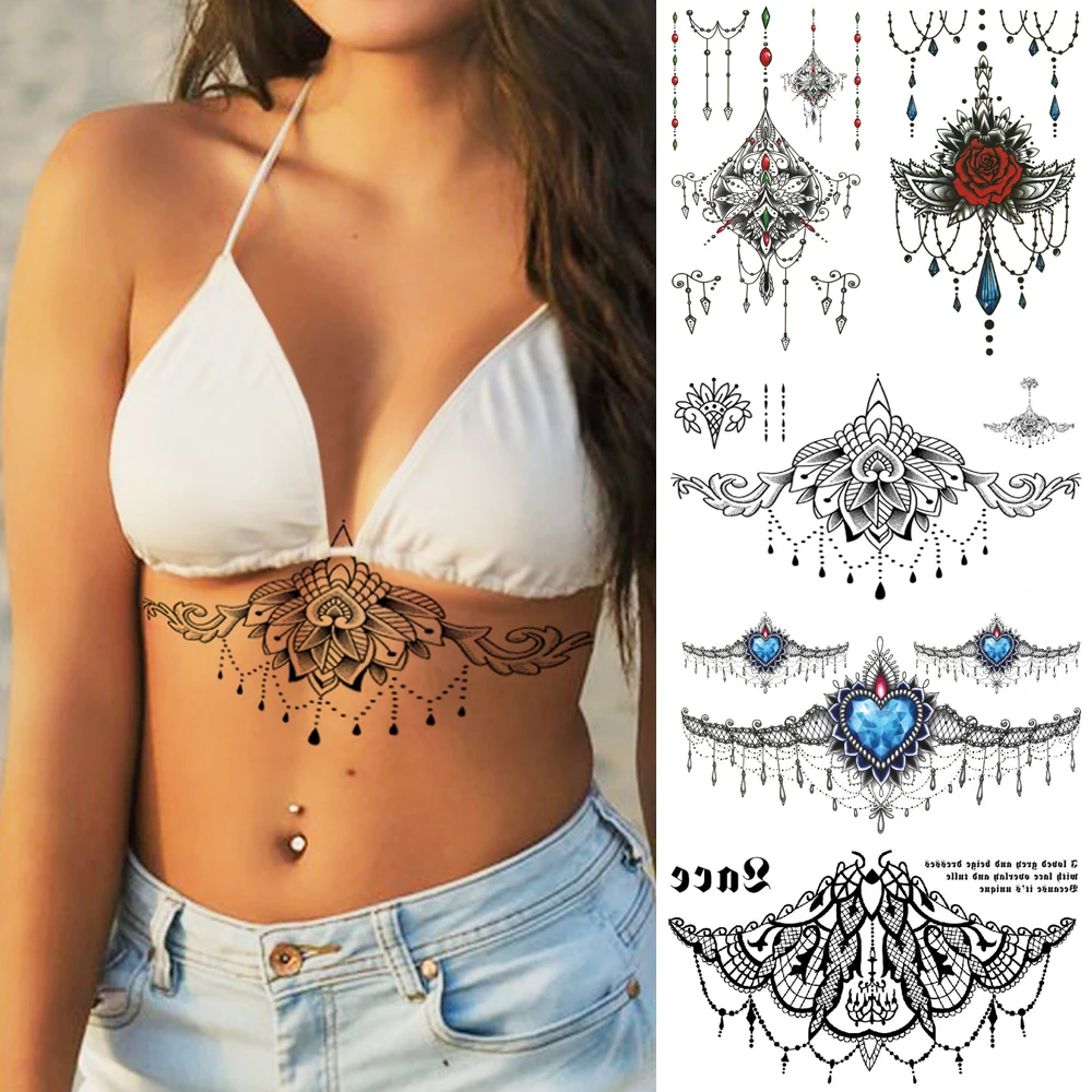 Waterproof Temporary Fake Chest Body Art Tattoo Jewelry Lace Totem Lotus Mandala tatto Decal Waist Art Tatoo Sticker Women
