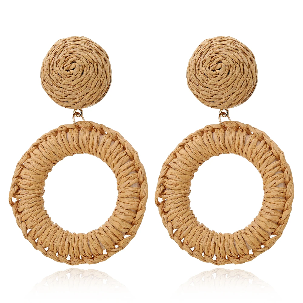 YAOLOGE 2019 Trendy Korean Handmade Wooden Rattan Knit Earrings For Women Boho Hollow Round Big Geometric Vine Drop Earring