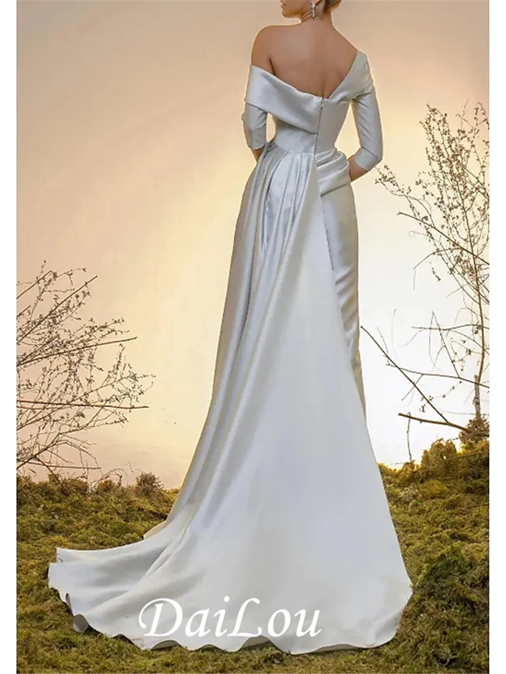 Jumpsuits Minimalist Elegant Engagement Evening Dress Off Shoulder Half Sleeve Court Train Satin with Pleats Overskirt 2022