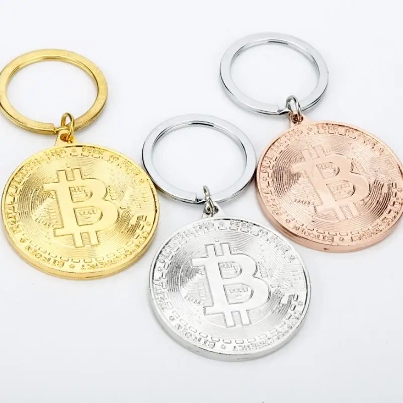 

Decor Bitcoin Coin Keychain Gold Plate BTC Token Key Chain Party Favor Metal Keyring Commemorative Souvenir Gift 50pcs/Lot