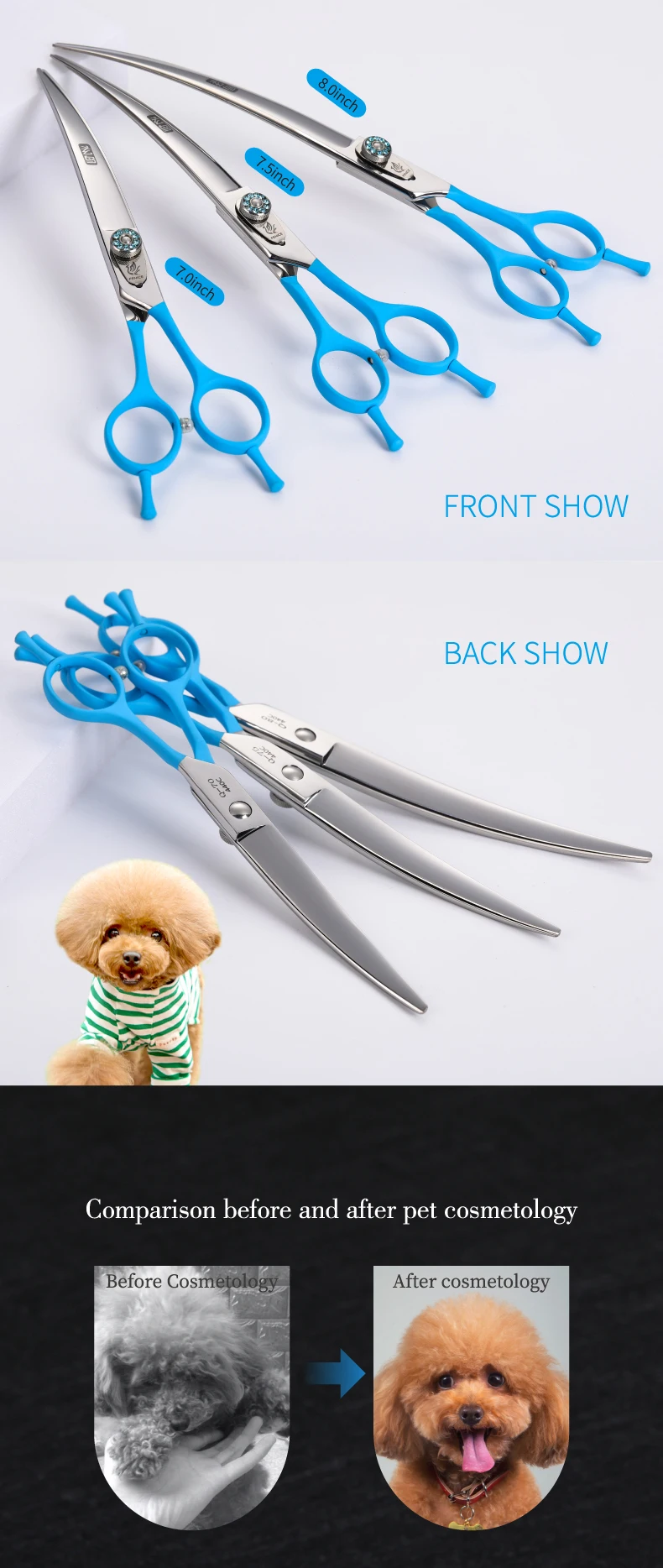 Fenice 7,0 7,5 8,0 Zoll professionelle schwarze Fellschere gebogene Schere für Teddy/Pommerinnen Hunde Haustierpflegewerkzeuge JP 440C – Detail 4