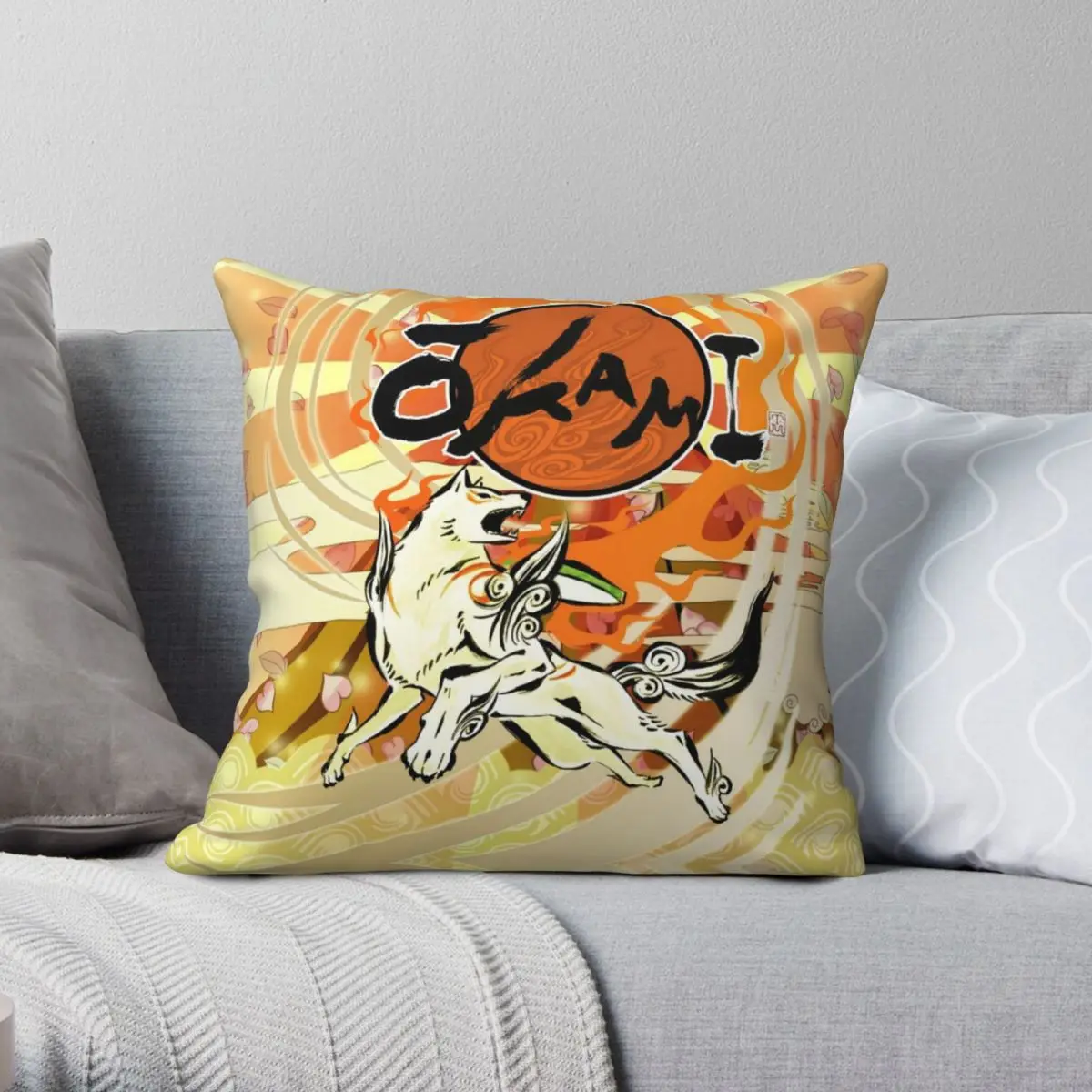 Okami Square Pillowcase Polyester Linen Velvet Zip Decorative Home Cushion Cover 45x45