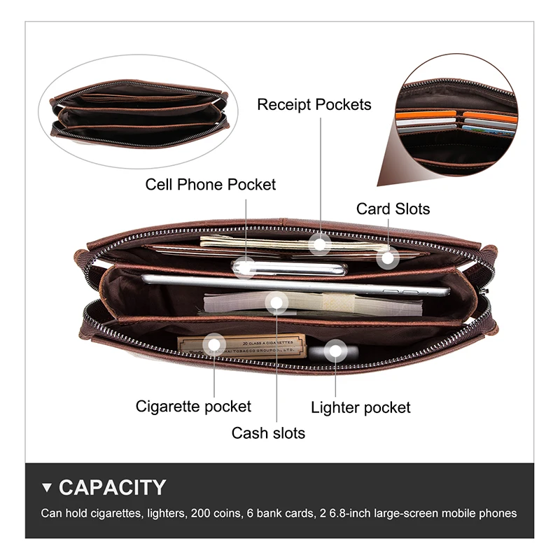 콘택트 비즈니스 남성용 클러치 백, 대용량 크레이지 호스 가죽, 긴 지갑, 전화 파우치, 암호 포켓 가죽 남성용 지갑