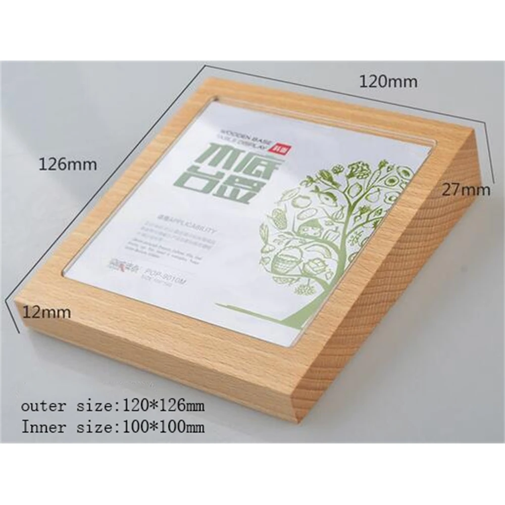 

100*100mm Wooden Acrylic Cover Sign Poster Frame Merchandise Function Price Tag Card Holder Frame Table Display Desktop