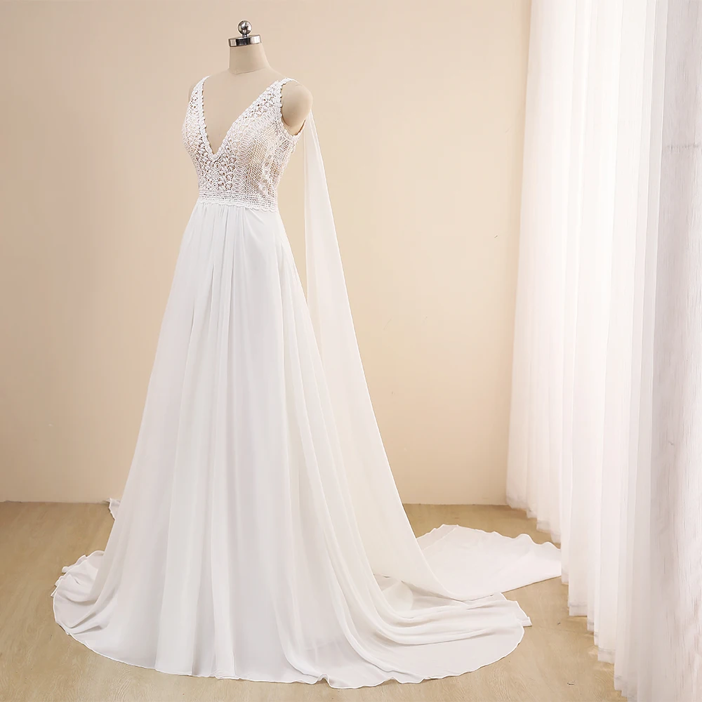 Real Wedding Dress Customized V Neck Sleeveless with Shawl Lace Bride Dresses Chiffon A Line Bridal Gown Vestido De Noiva
