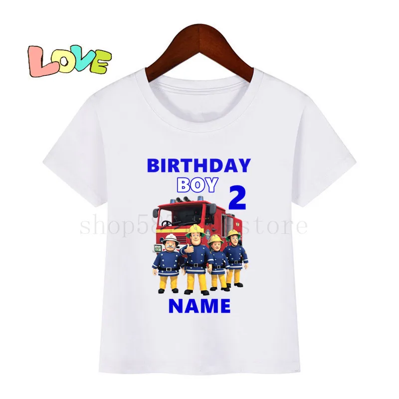 Kids Write Name Fireman Sam Birthday Number 1~9 Cartoon Print Children Clothes T-shirts Boy&Girl Funny Gift Tshirt Baby