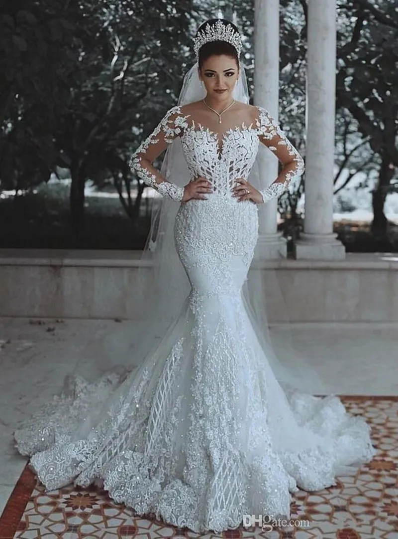 

Charming Mermaid Design Girl's Wedding Dress Colour White V-Neck Long Sleeve Sweep Train Appliques Wedding Gown Lace Up Back