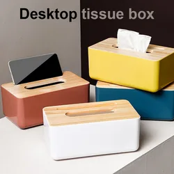 1pcs Tissue Box Holder Household Wooden Cover Paper Container Napkin Storage Case Phone Bracket Slot Design for Living Room