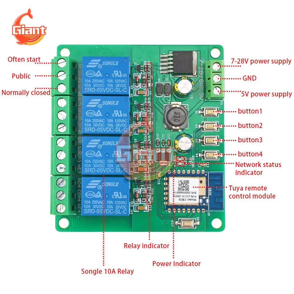 Tuya Remote WiFi Control Four-way Relay Module Mobile APP Control Smart Switch