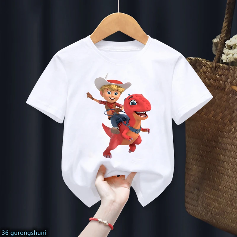 Fashion Boys T-Shirts Funny Dino Ranch Cartoon Print Girls T Shirts Summer Toddler Tshirts Cute Kids Clothes Short-Sleeved Tops