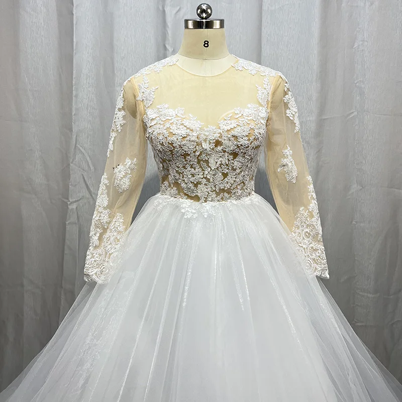 Gaun Pengantin Model A Line Renda Lengan Panjang Tulle Nude Vintage Gaun Pengantin Manik-manik Kristal Applique Leher O Boho Vestidos De Novia