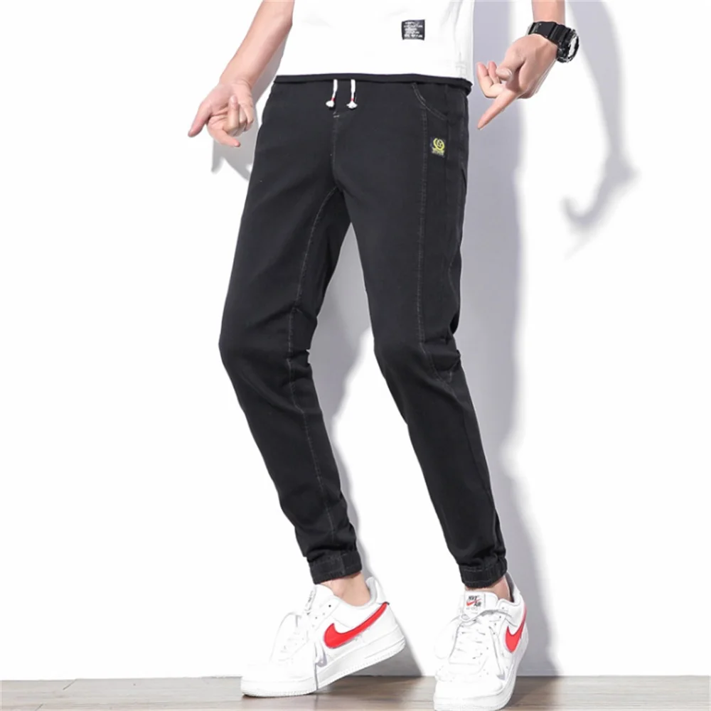 EH · MD® Drawstring Jeans Men's Elastic Belt Trousers Casual Trousers Soft Fabric Micro Chapter Pure Color Fashion Slim 2020 New