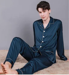 Men Summer Ice Silk Sleepwear Thin Breathable Pajama Sets Noble Solid Color Silk Pajamas Comfort Satin Pajama Male Casual Pijama