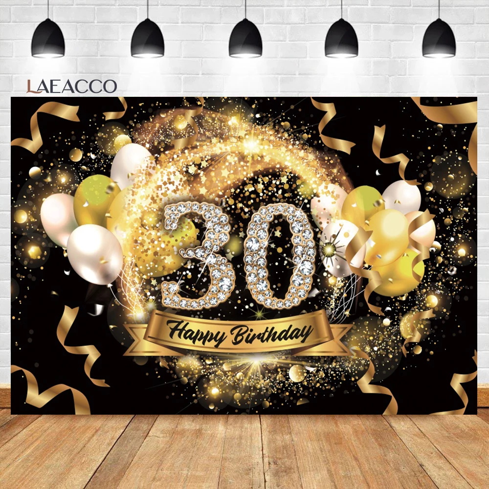 Laeacco Golden Black Balloons Glitter 18th 20th 30th Adult Birthday Party Custom Backdrop Celebration Poster Photo Background