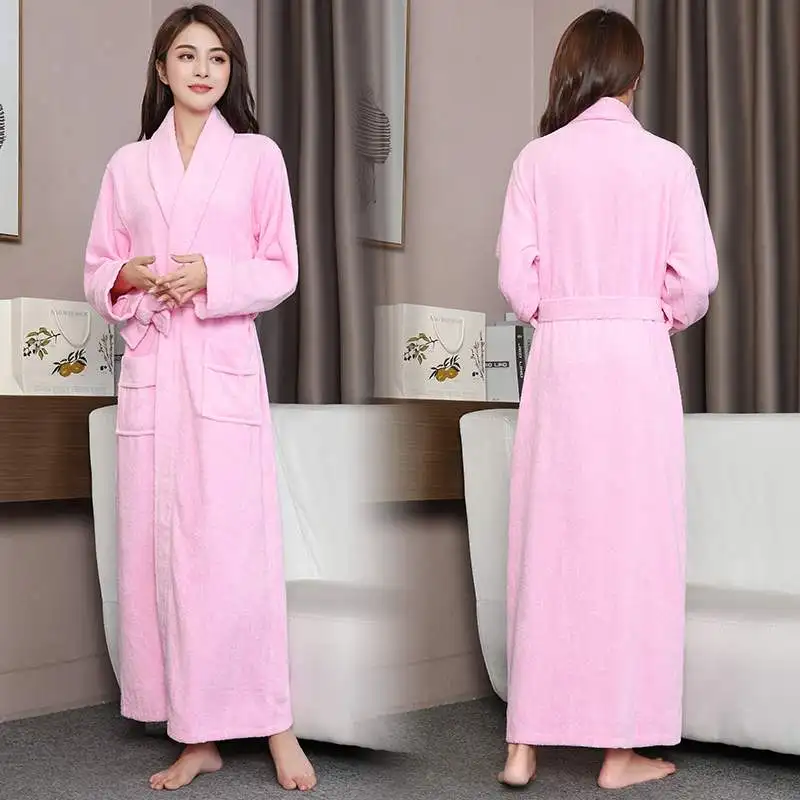 100% Cotton Toweling Terry Extra long Extra thick Robe blue Bath Robe Women Nightrobe Sleepwear Casual Home Bathrobe халат