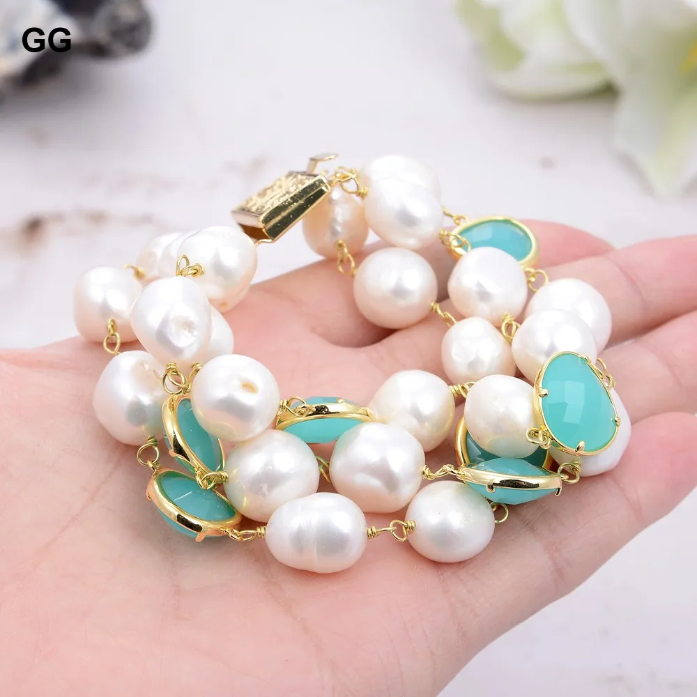 GuaiGuai Jewelry Natural 3 Strands Cultured White Baroque Pearl Green Crystal Wrap Bracelet Handmade For Women