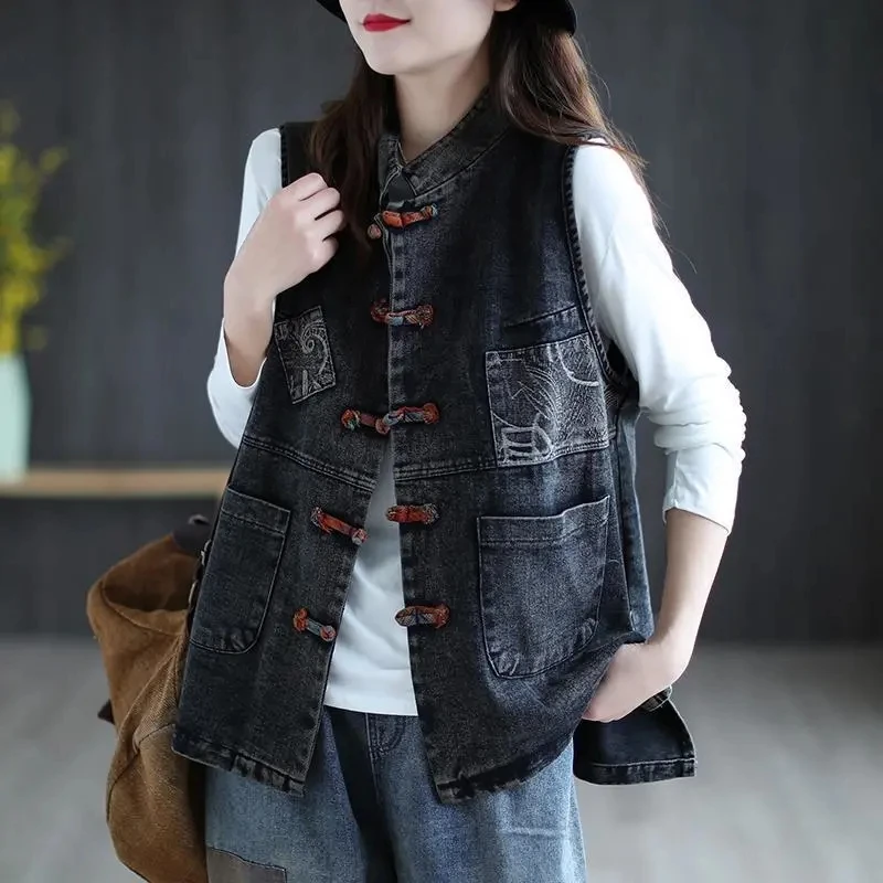 

Denim Vest Jacket Women's Retro Large Size Spring Summer 2024 Sleeveless Coat National Style Casual Tank Top Female Waistcoat