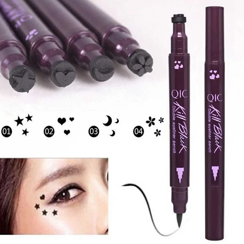 Crayon Eyeliner Liquide Noir à Double Tête Facile à vitation, Tampon de Tatouage Imperméable, Sceau de Marque, Étoile, Cœur, Lune, Fleur