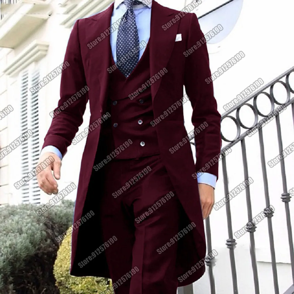 

Burgundy Wedding Tuxedos Formal Smoking Business Men Suits Custom Made 3 Pieces Man Blazer Masculino Traje De Novio Para Boda