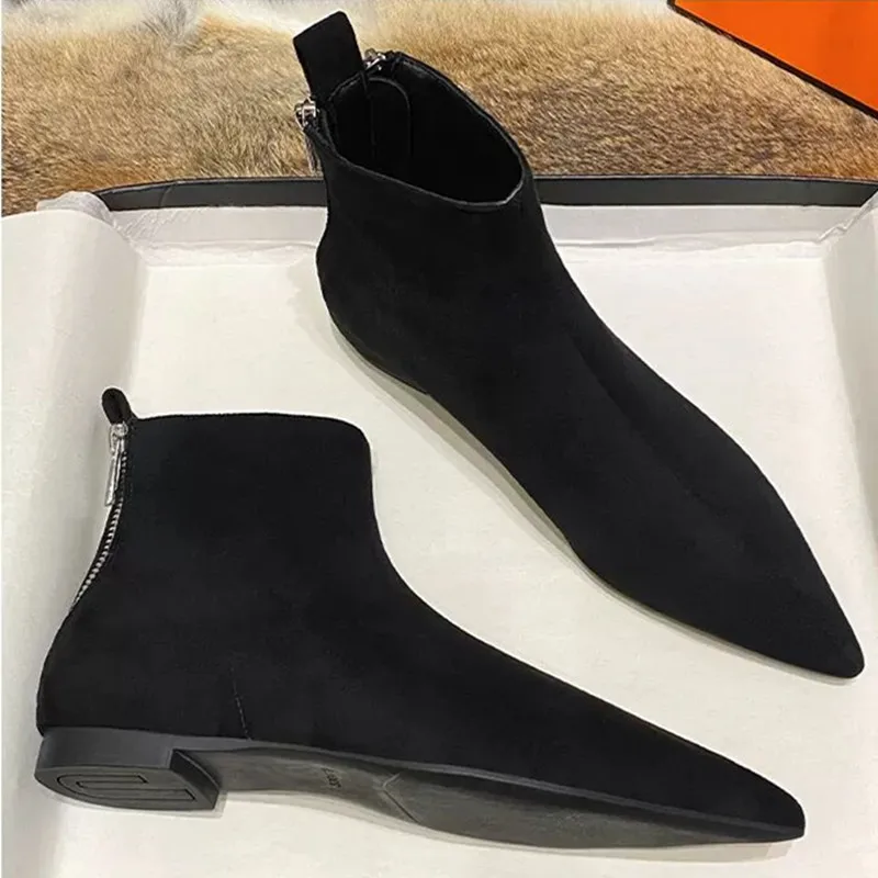 Size 34-41 New Flats Sexy  Women Pointed Toe Ankle Boots British Woman Footwear Female Shoes Wedge Boots New Zipper Design Boots