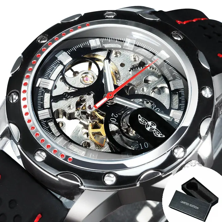 Montre automatique WINNER pour hommes, aiguilles lumineuses, montres mécaniques squelette pour l'extérieur, marque de luxe, bracelet en caoutchouc