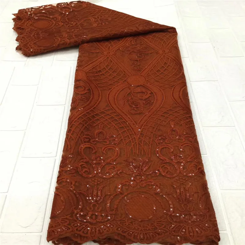 Burnt Orange New Design African Lace Fabric Wholesale French Lace Fabric High Quality Nigerian Tulle Sequins Lace Fabric