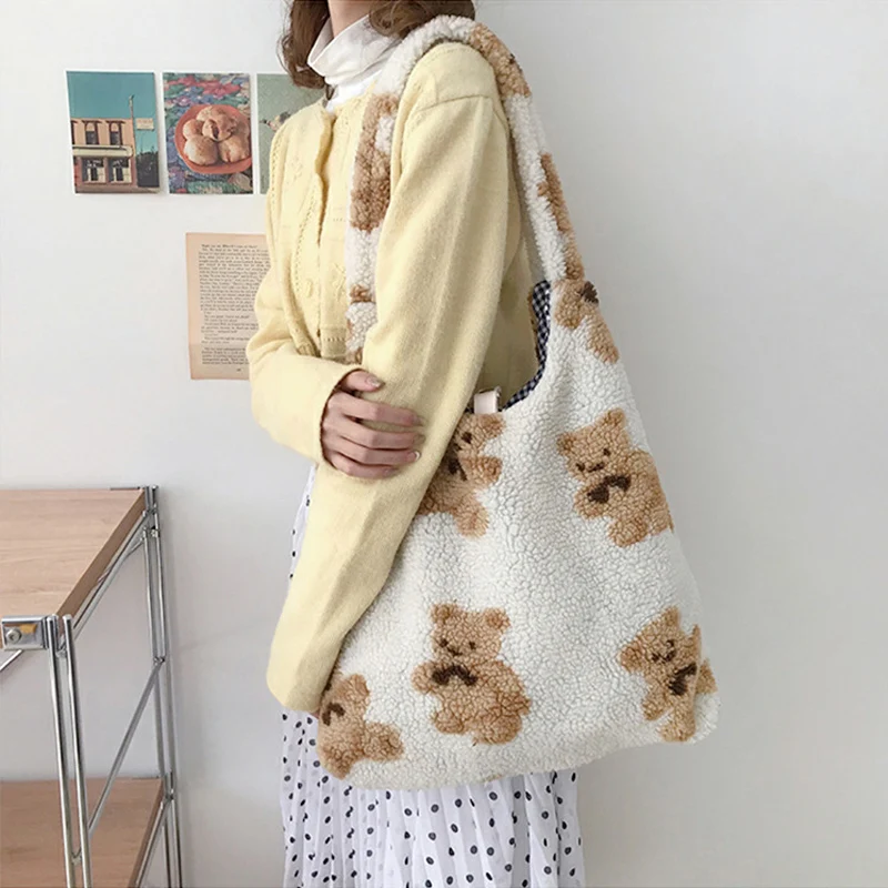 Women Plush Shoulder Bag Warm Cloth Fabric Handbag Soft Canvas Tote Large Capacity Shopping Bags Cute Bear Book Bags For Ladies