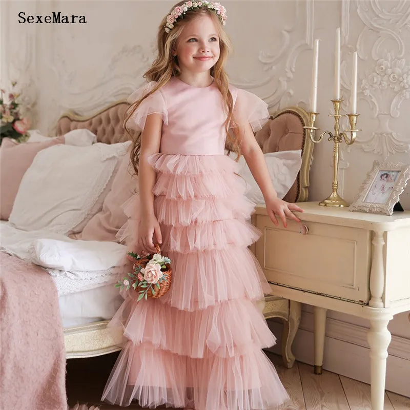 

Pink A-Line Princess Flower Girl Dress for Wedding Cap Sleeve with Satin Ribbon Wedding Party Gown Girls Dresses