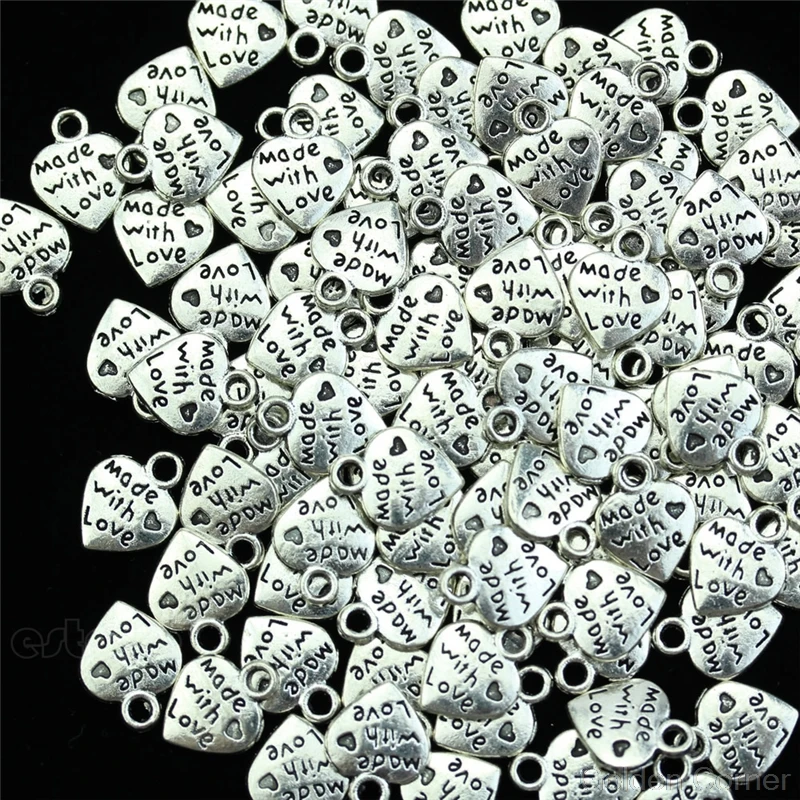 50pcs/set Fashion Metal MADE WITH LOVE CZ Heart Pendants Necklace Beads for DIY Big Hole Beads Jy09 20 Dropship