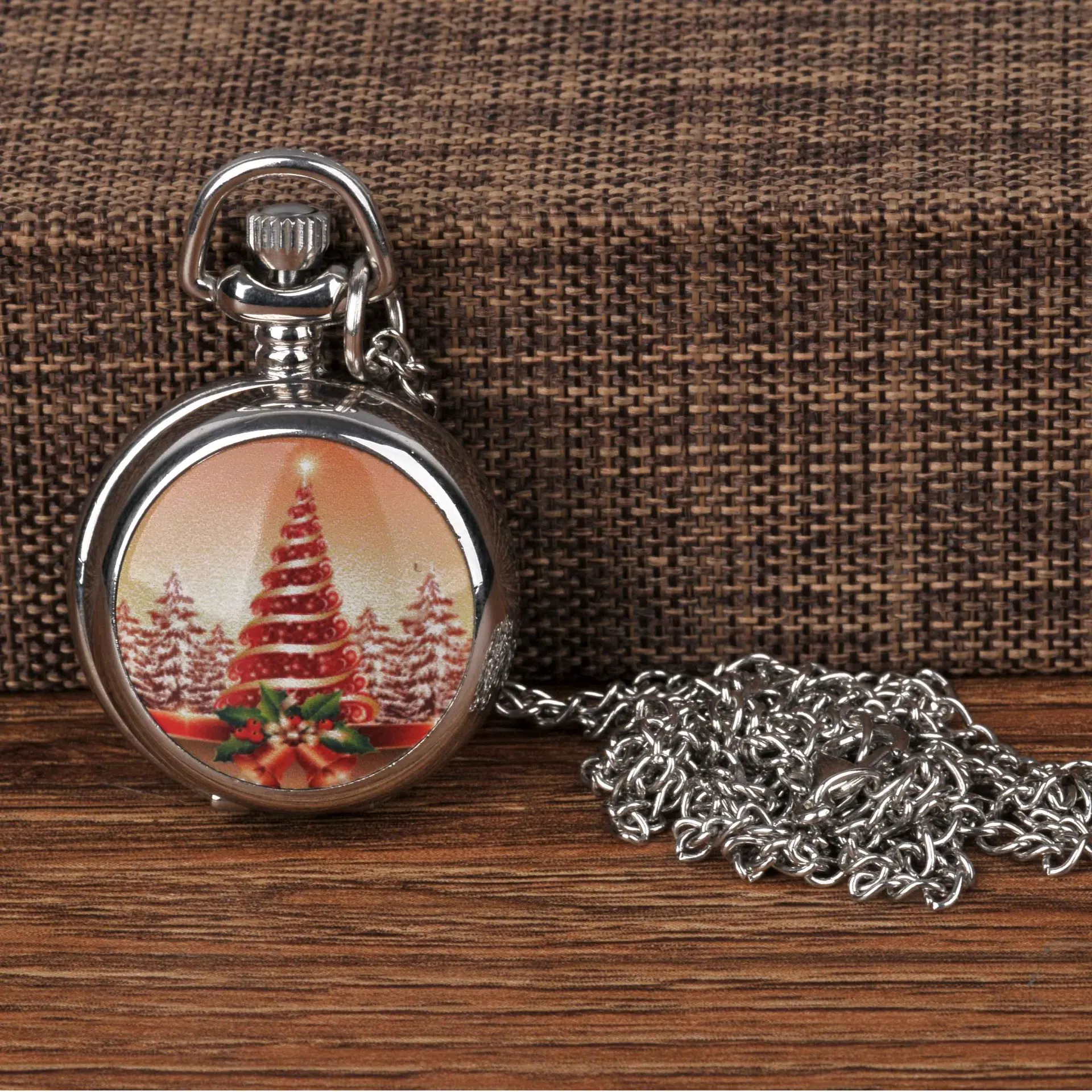 Cute and fun delicate small pocket watch silver ceramic piece Christmas tree