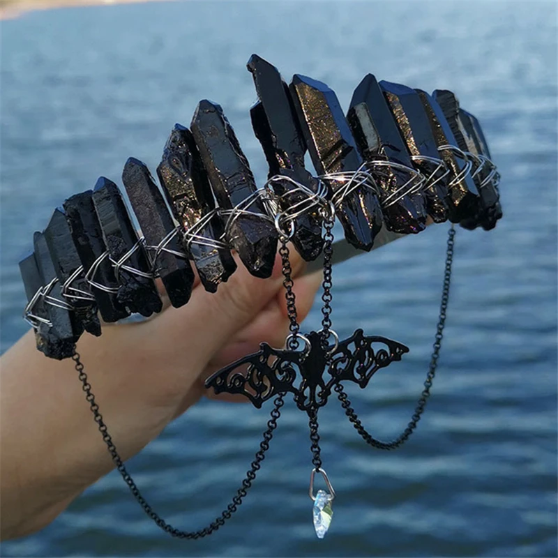 New Witch Natural Raw Crystal Plating Black Bat Chain Five-Pointed Star Crown Headband Witchcraft Hair Accessories Jewelry Gift