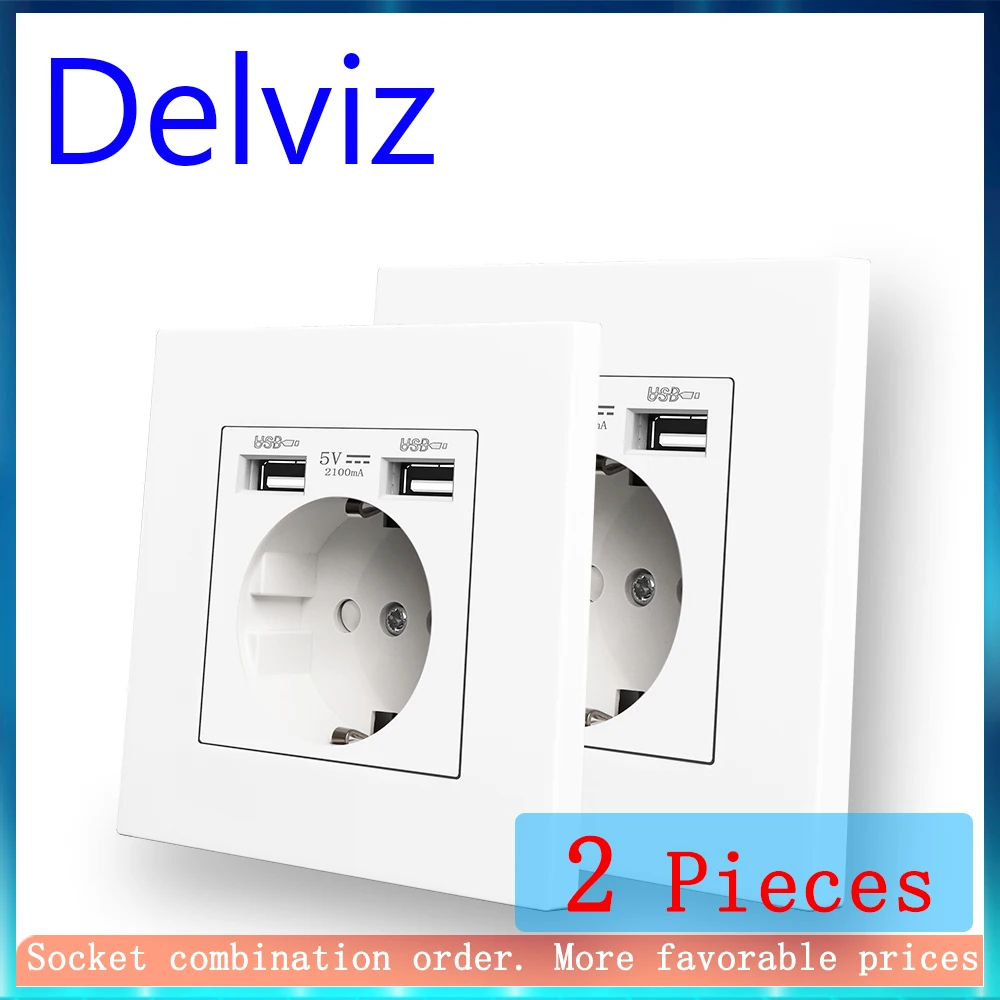 Podwójne gniazdo ładowania USB Delviz, gniazdo zasilania AC 110 ~ 250 V, panel z białego materiału PC, interfejs USB 2 A, standardowe gniazdo ścienne UE 16 A