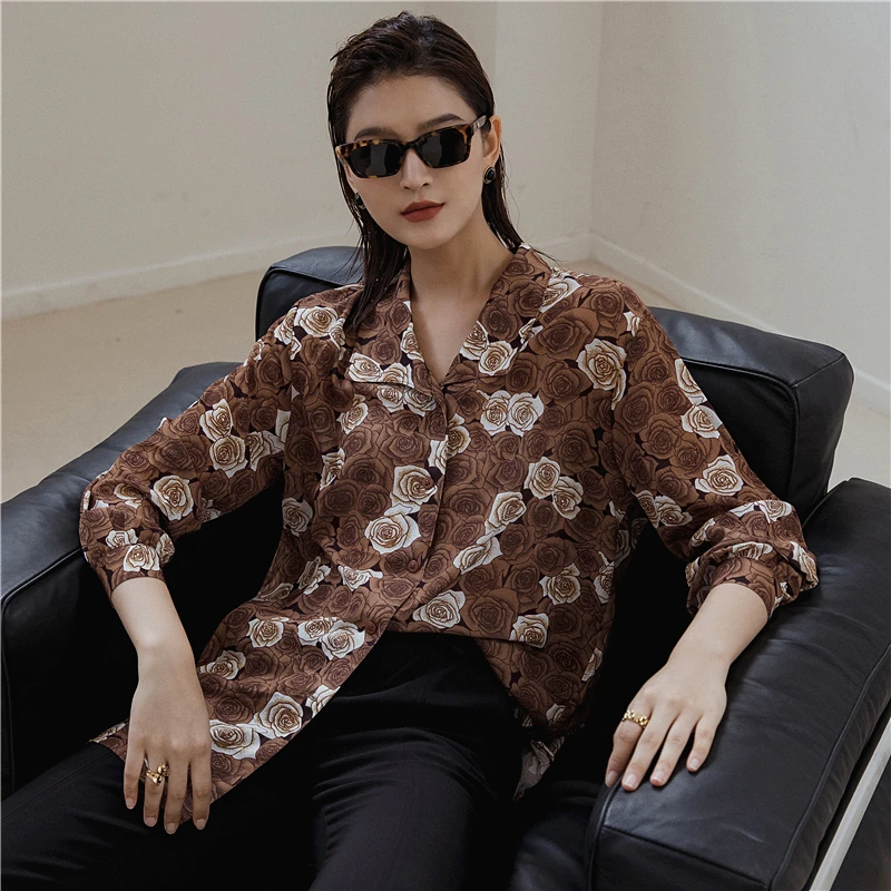 CHEERART Autumn Brown Shirt For Women Long Sleeve Top And Blouse Loose Rose Floral Print Blouse Button Up Collar Shirt Clothes