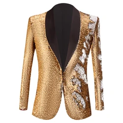 Light Gold Sequin One Button Shawl Collar Suit Jacket Men Bling Glitter Nightclub Prom DJ Blazer Jacket Men Wedding