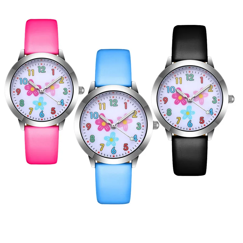 

Wholesale 2022 Fashion Flowers Leather Watches Colorful Arabic Numeral Quartz Party Wristwatches for Kids Boys Girls Children