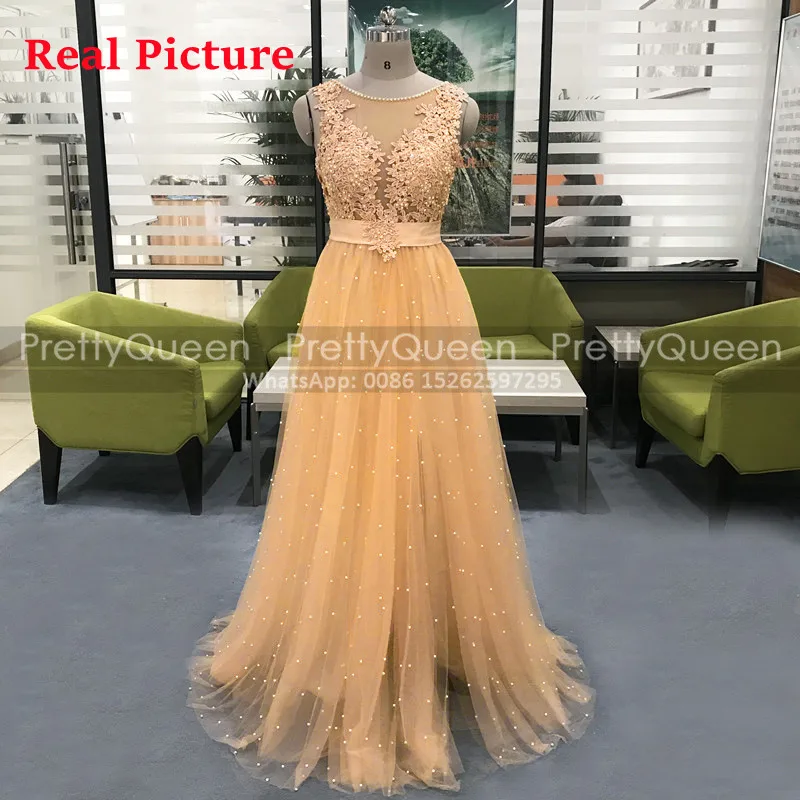 Dark Champagne Tulle A Line Bridesmaid Dresses Customized Beads Appliques Sheer Neck Side Split Women Long Wedding Party Dress