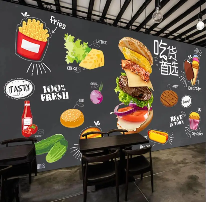 Custom 3d mural wallpaper black background court painting Pizza fast food wallpaper Gourmet restaurant wall papers Stickers