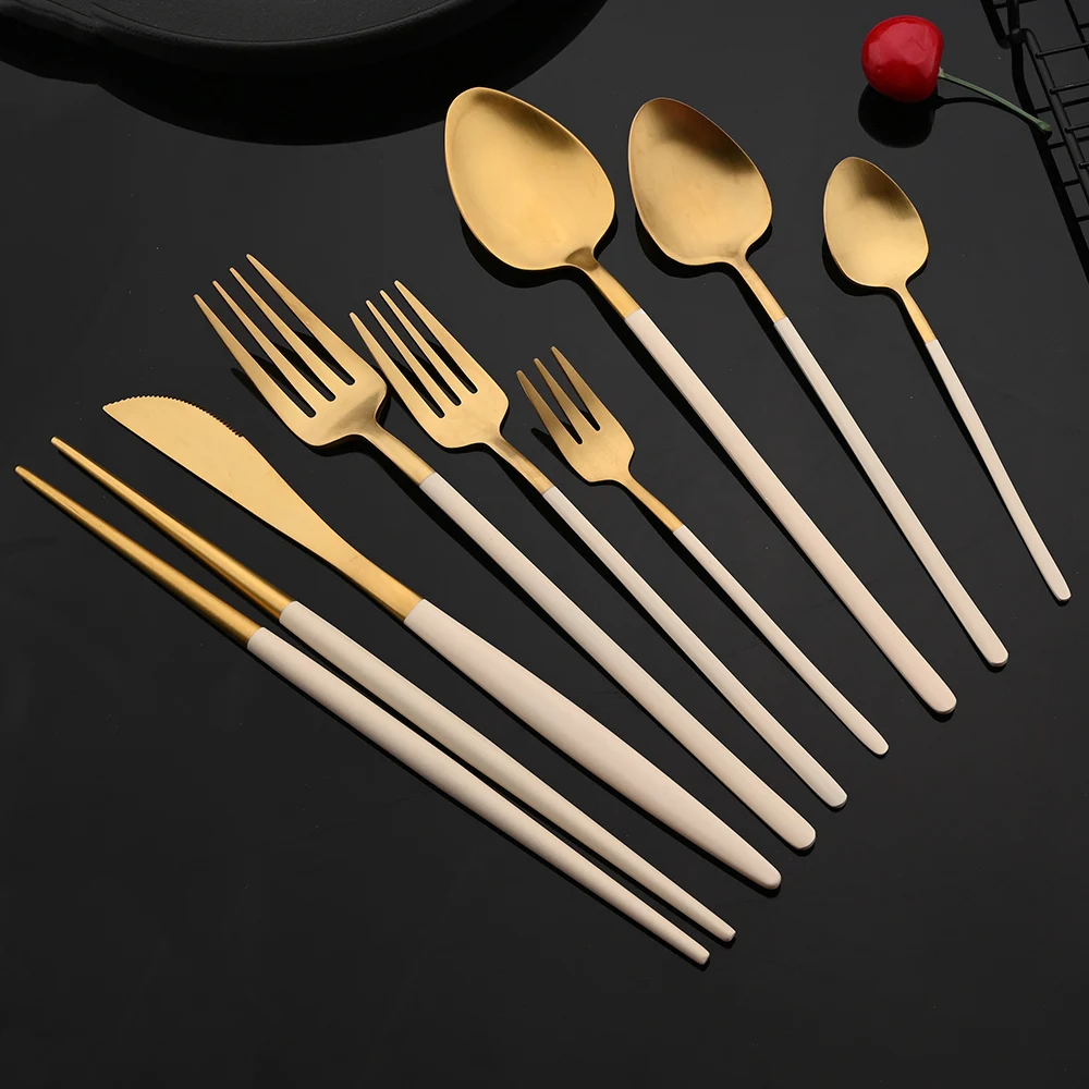 Vajilla de acero inoxidable 304, juego de cubiertos, palillos, cuchillo, tenedor, cuchara, color oro Beige mate