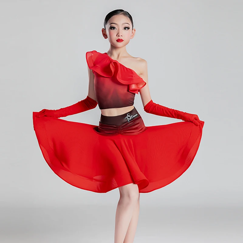 Vestido de baile latino rojo para niñas, Top con volantes, faldas de baile latino, ropa de competición de baile de salón para niños, ropa de escenario SL6024, 2023