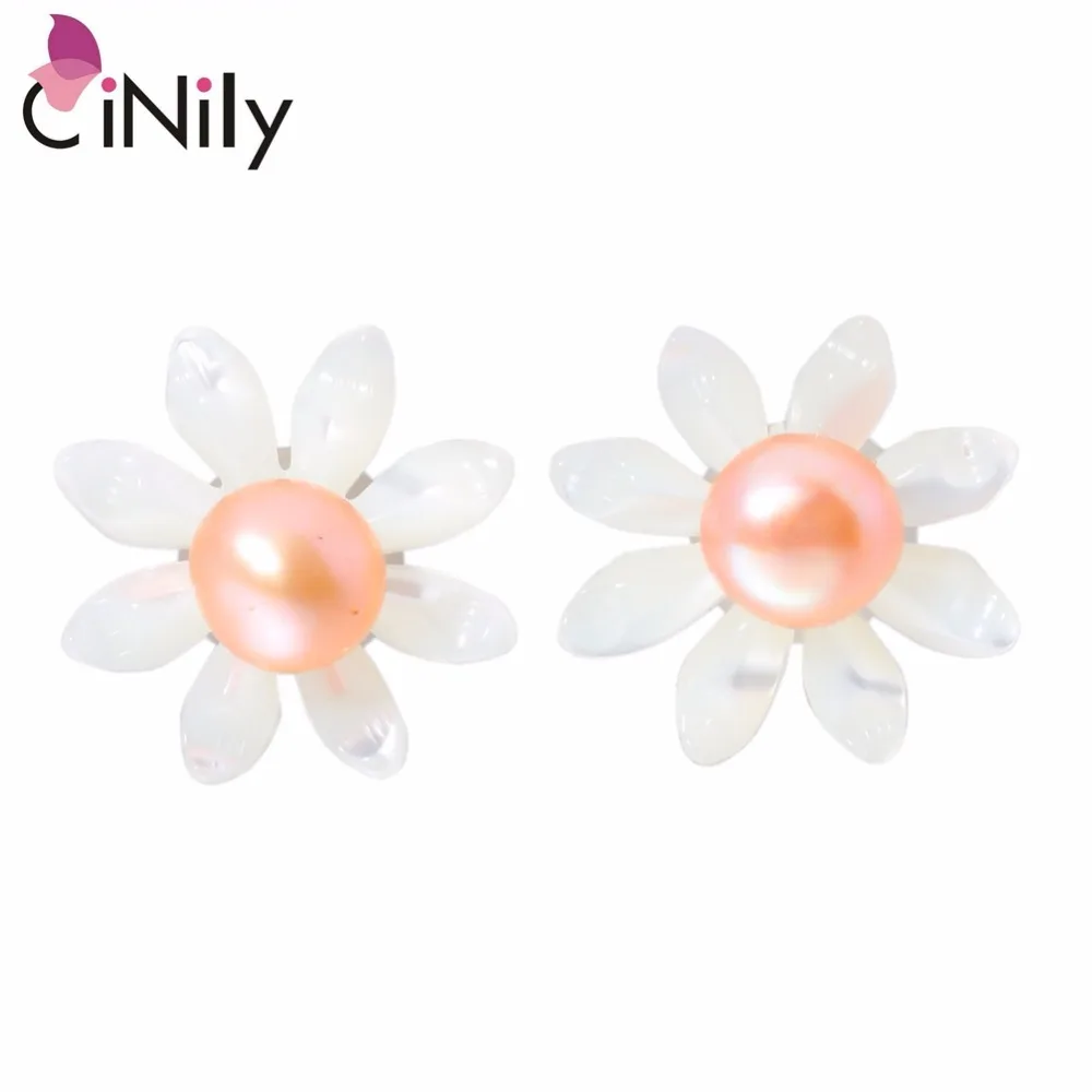 CiNily Created Shell Pearl Authentic 100% Solid 925 Sterling Silver Flower Shaped for Women Jewelry Stud Earrings 12mm SE031