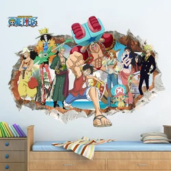 Póster de anime de dibujos animados Luffy pared rota efecto 3d pegatinas de pared para habitación de niños calcomanías de pared carteles de una pieza Mural de regalo para niños