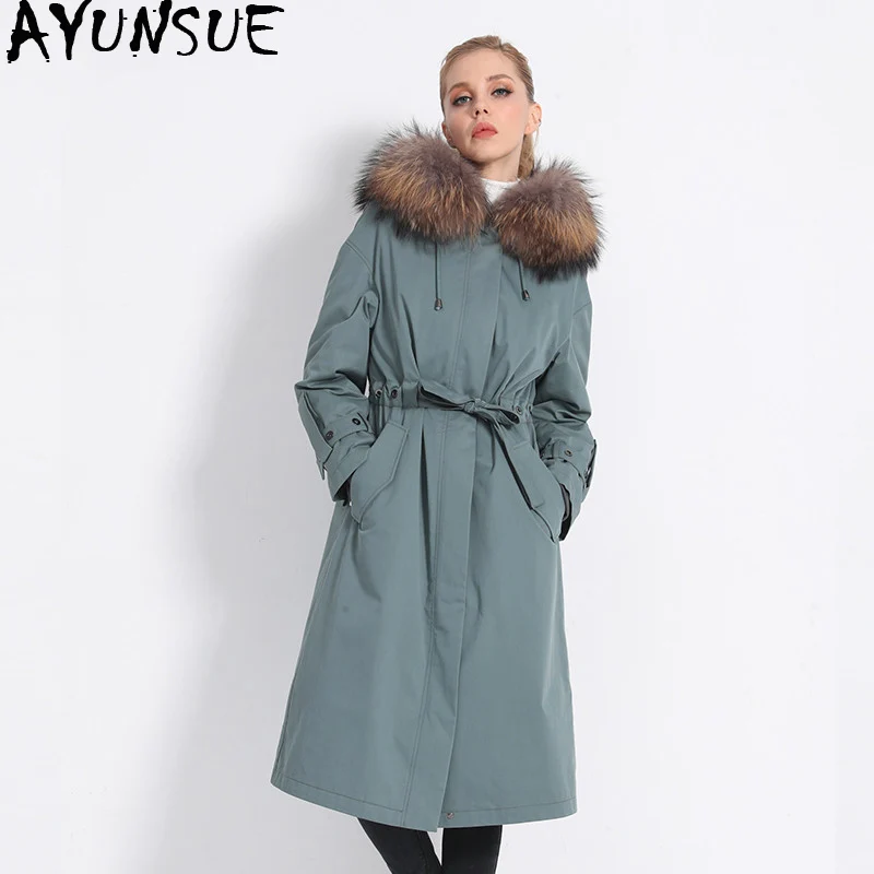 

AYUNSUE Parka Real Fur Coat Female Natural Rabbit Fur Liner Long Coats 2020 Winter Jacket Women Raccoon Fur Collar Overcoat MY