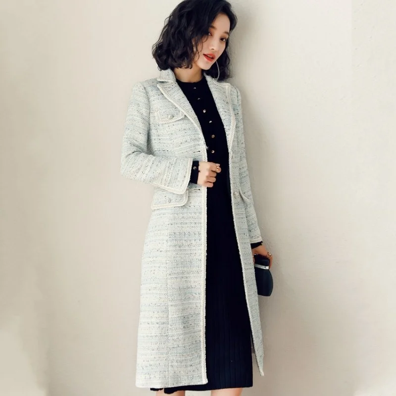 Middle Elegant Length Tweed Suit Coat Office Ladies Knitted Single Breasted Trench Women Slim Fit Vintage Windbreakers Overcoat