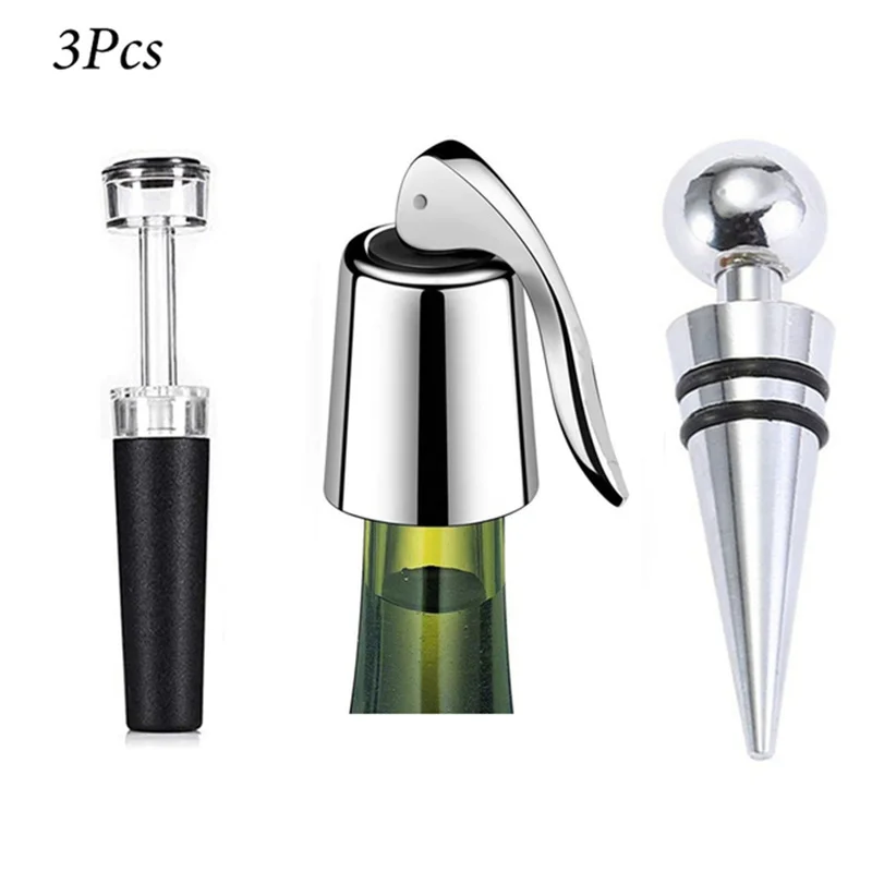 Wine Bottle Stopper Set Stainless Steel Wine Bottle Plug with Silicone,Reusable Vacuum Sealer Bottle Plug Retain Wine Freshnes