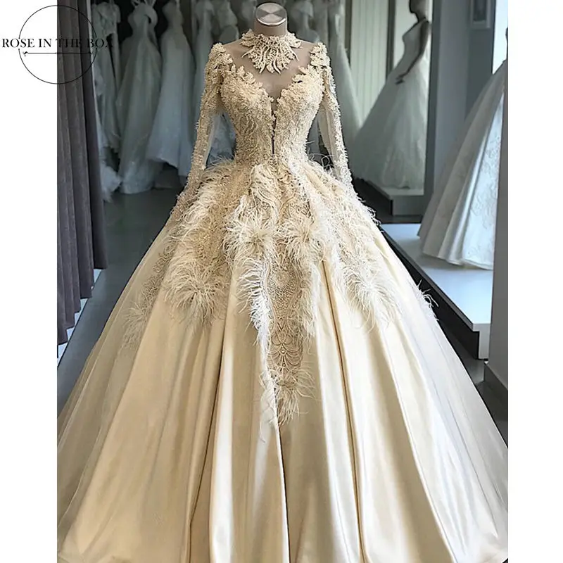 

Luxury Customized Lace Feathers Beading Ball Gown Wedding Dress Illusion Long Sleeve Wedding Gowns Robe De Mariee