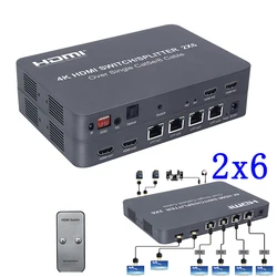 2x6 HDMI 스위처/분배기 확장기 광학 SPDIF + 3.5mm 잭 오디오 추출기, 4K @ 30HZ 100M 이더넷 RJ45 CAT5e CAT6