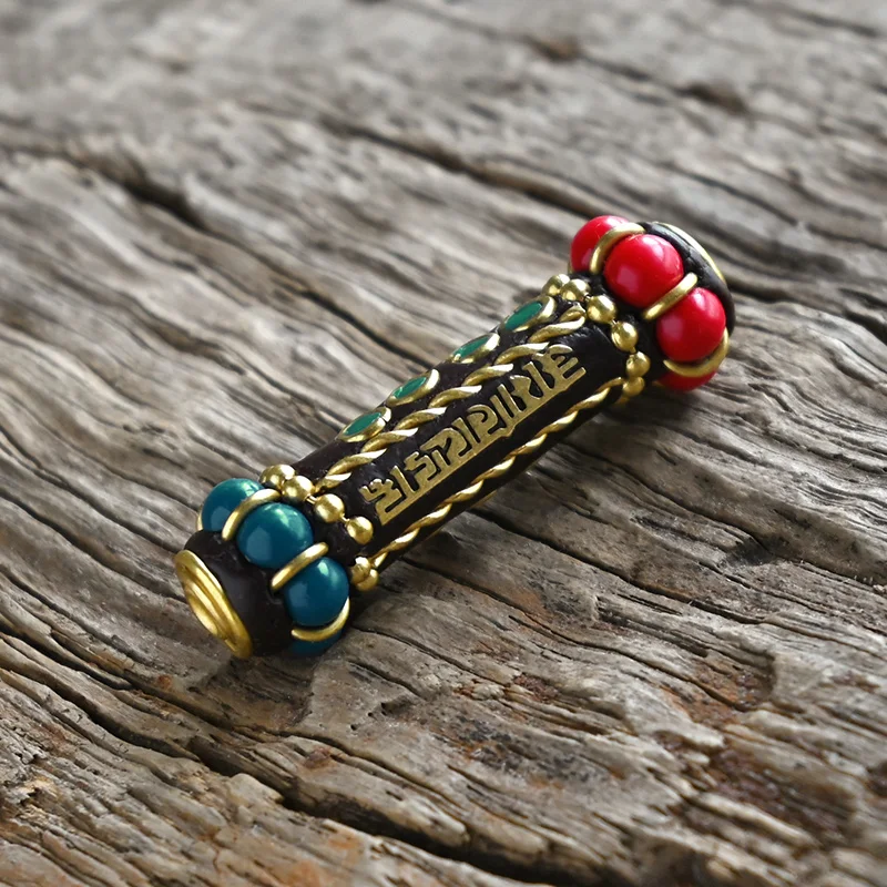 TZ-N Handmade Nepal Buddhist Tibetan Brass Craft Beads for Necklace Jewelry Making Accessories Clay Inlaid Colorful Cylindrical